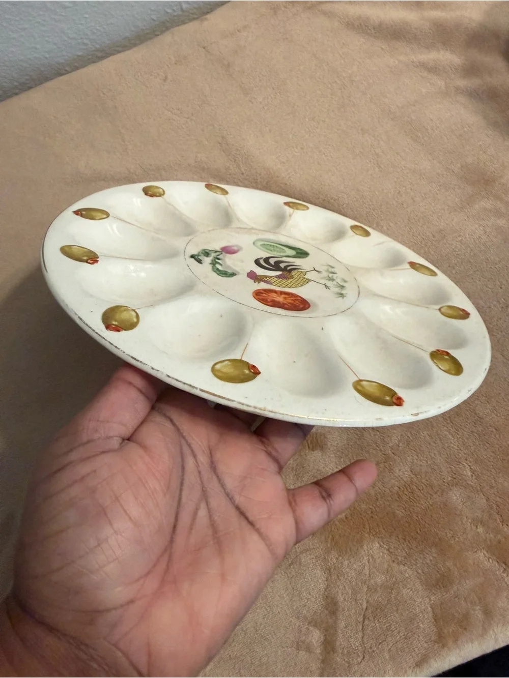 Vintage Rooster Deviled Egg Platter with Olive Motif